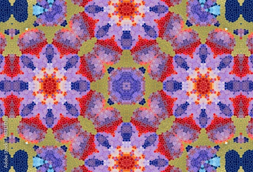 Illustration of mosaic images, an abstract pattern kaleidoscope. The finishes of the floors of mosaic materials, decorative fantasy, colorful mosaic texture on black background with gold splashes.