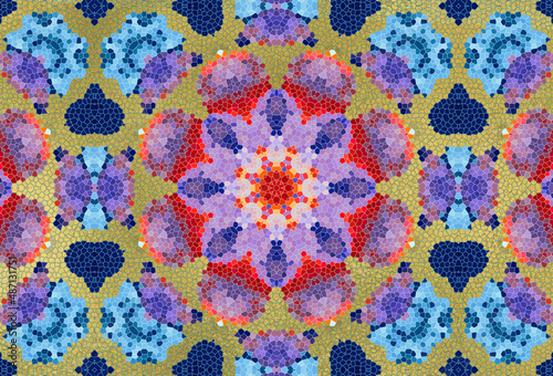 Illustration of mosaic images, an abstract pattern kaleidoscope. The finishes of the floors of mosaic materials, decorative fantasy, colorful mosaic texture on black background with gold splashes.