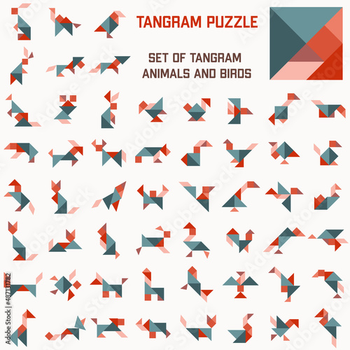 Tangram puzzle. Set of tangram animals and birds 