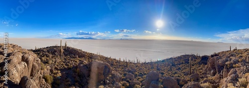 Pan view of Isla Incahuasi at sunset in Salar de Uyuni, Bolivia