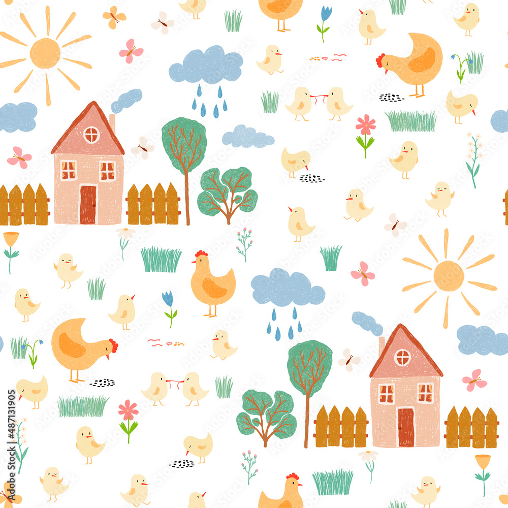 Childish seamless farm pattern . Trendy kids background. Perfect for kids apparel, fabric, textile
