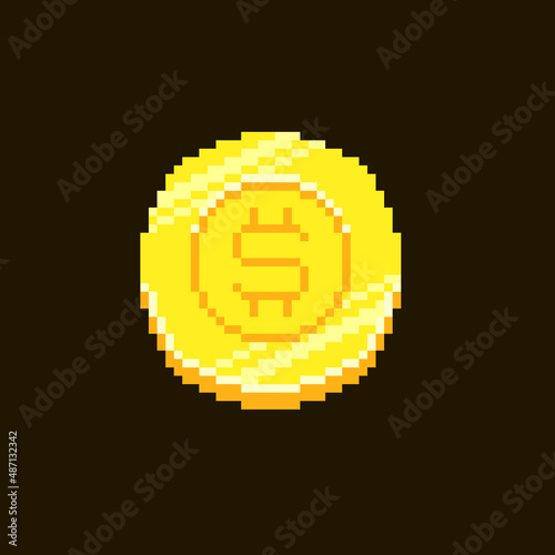 colorful simple flat pixel art vector illustration of gold coin with dollar symbol