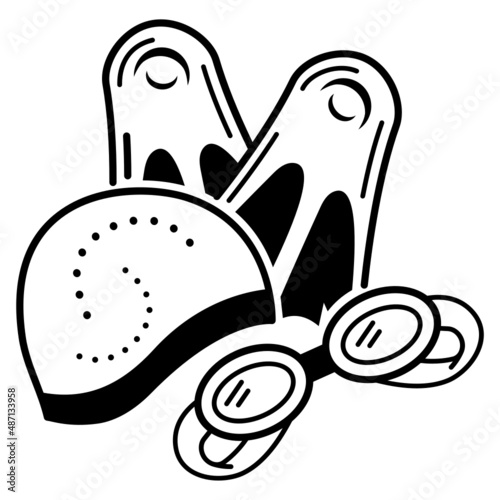 swimming goggles and hat with   flippers Concept Vector Icon Design, Sporting equipment Symbol, Physical Fitness and Wellness Sign, Leisure Activity stock illustration