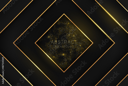 Vector square shape modern black and shadow with golden frame. Luxury abstract background. Texture golden glitters dots element.