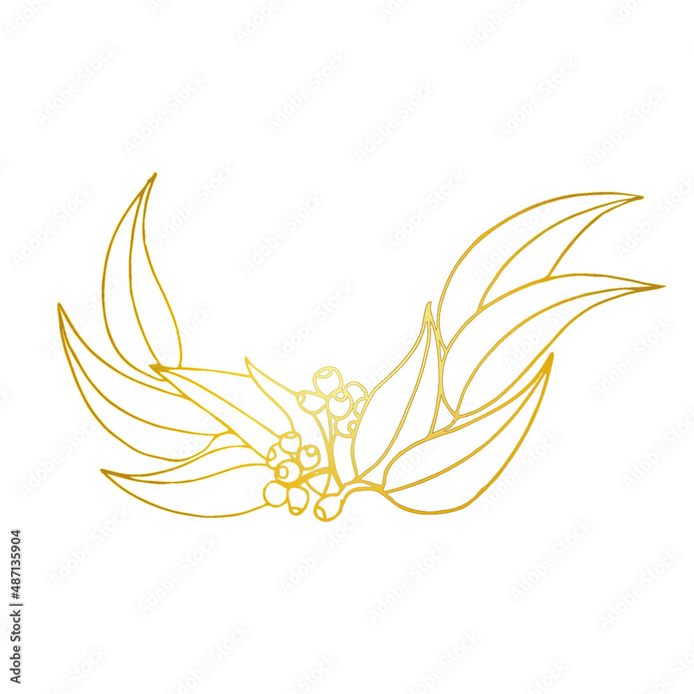 Golden hand drawing abstract leaves, eucalyptus, line drawing flower logo, eco logo, wedding design, sketch Golden hand drawing abstract leaves, eucalyptus, line drawing flower logo, eco logo, wedding design, sketch
