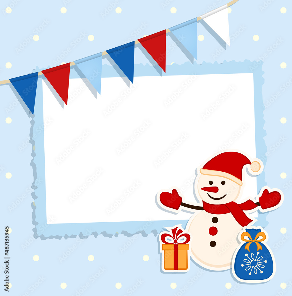 Christmas card with festive flags and sticker snowman and place for your text Christmas card with festive flags and sticker snowman and place for your text