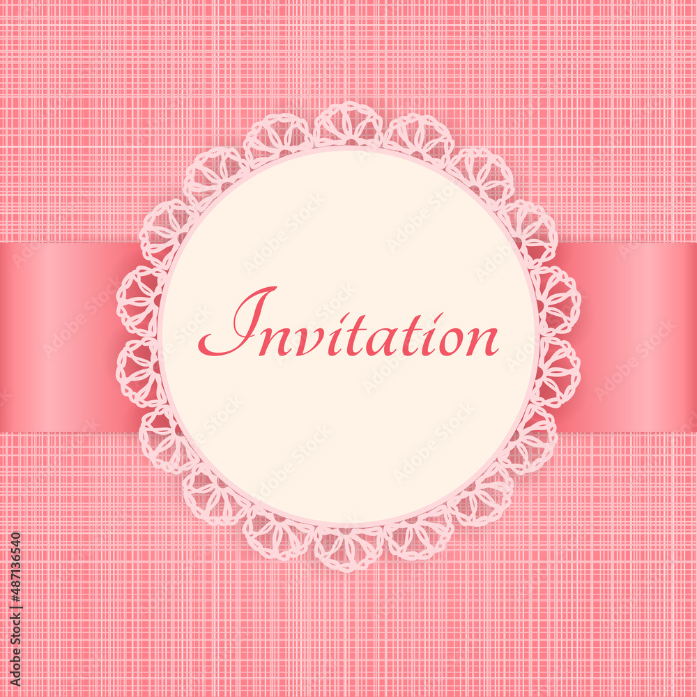 Lace frame on pink seamless textile background. Vintage invitation card. Vector illustration