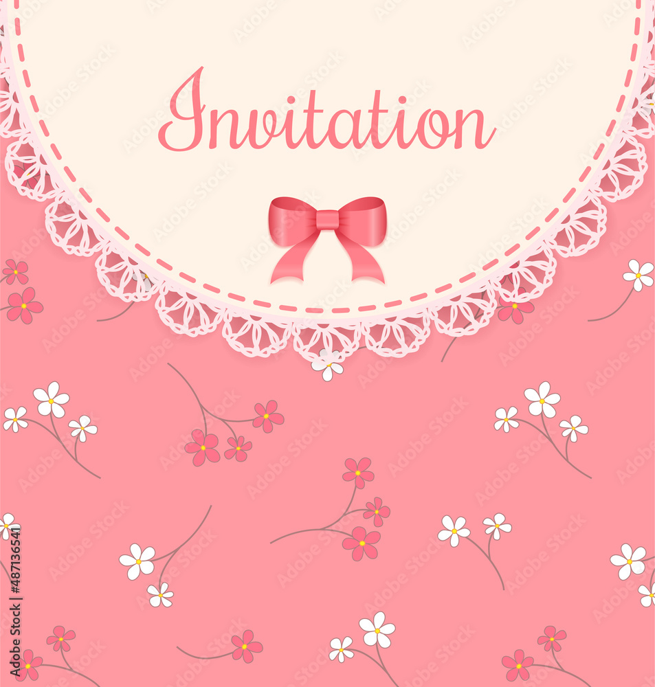 Vector lace frame with bow on a pink floral background. Vintage invitation card.