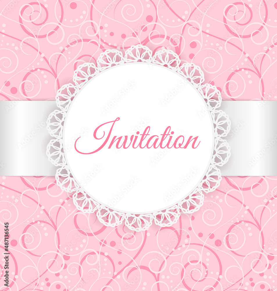 Vector lace frame with silver ribbon on swirl background. Vintage invitation card. Second layer - seamless pattern