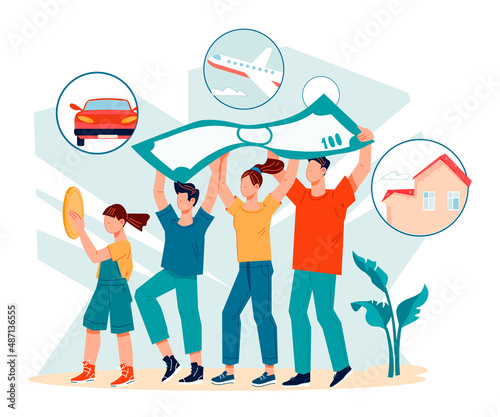Family savings and budget, money economy concept with parents and children carrying banknote, flat vector illustration isolated.