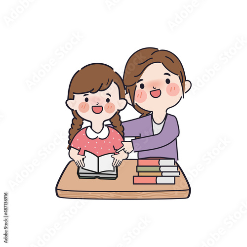 Student study with homeschool teacher. Hand drawn cartoon people.