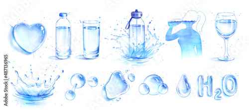 Watercolor set of water balance hydration concept