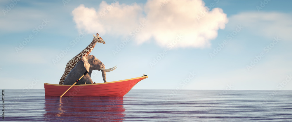 Elephant and a giraffe together on a boat in the middle of the sea. - obrazy, fototapety, plakaty 