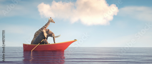 Elephant and a giraffe together on a boat in the middle of the sea.