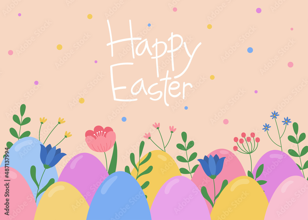 Template of Easter greeting card. Colorful decorated Easter eggs, flowers and branches
