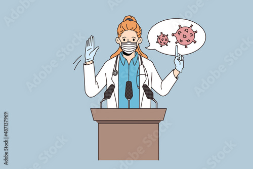 The speech of the virologist doctor behind the podium. Vector illustration