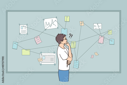 The man studies the evidence, solves the problem. Vector illustration