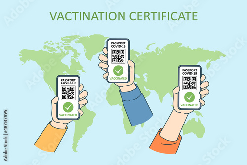 Hands holding smartphones with the QR code of the health passport, Covid-19 immune passports or digital green pass vaccine certificates. A global problem