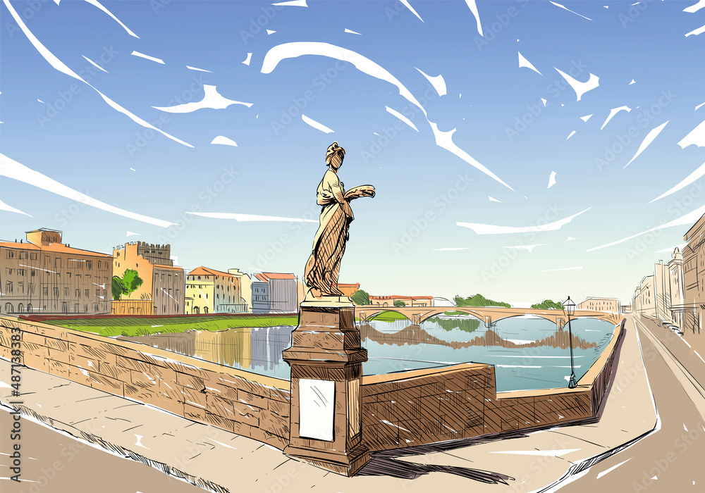 Santa Trinita Bridge river Arno in Florence. Italy. Hand drawn city sketch. Vector illustration.