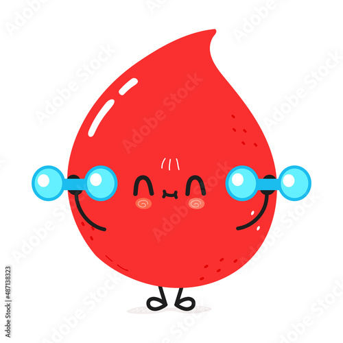 Cute funny blood drop character with dumbbells. Vector hand drawn cartoon kawaii character illustration icon. Isolated on white background. Blood drop character gym concept