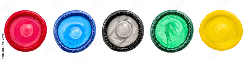 Flat lay composition with colorful condoms on white background