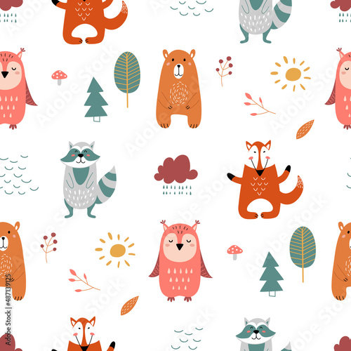 Cute scandinavian pattern. Nordic wild animal, woodland characters. Forest animals, bear, fox, owl and raccoon. Childish fabric print, classy vector seamless texture