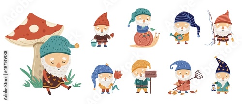 Gnome characters. Dwarf and mushroom, gnomes cute set. Spring tiny men with beards. Garden fairy tale people with flower and fish, neoteric vector collection