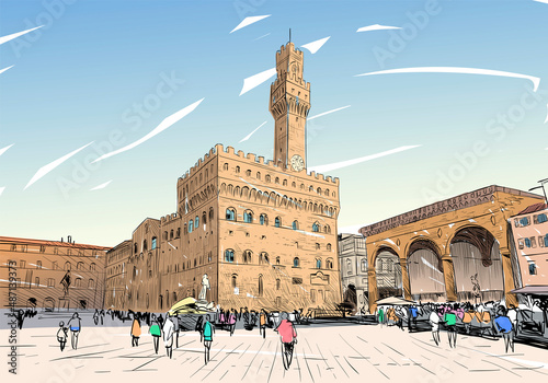 Palazzo Vecchio Signoria in Florence. Italy.Retro style. Hand drawn city sketch. Vector illustration.