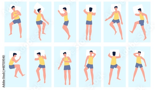 Man sleeping. Sleep positions, male lying on bed with pillow. Night time, different relax postures top view. Alone human relaxed, recent vector set