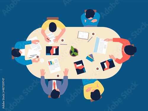 Top view business group. Meeting students, company managers or businessman professional discuss. Brainstorm, corporate project or conference, recent vector scene