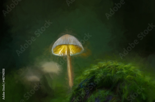 Digital painting of fantasy glowing mushrooms in an enchanted forest.