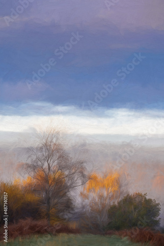 Digital painting of golden autumnal fall tree and leaf colours at the Downs Banks, Barlaston in Staffordshire. © Rob Thorley