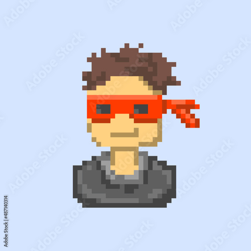 Avatar portrait of a superhero with red blindfold in pixel art design style