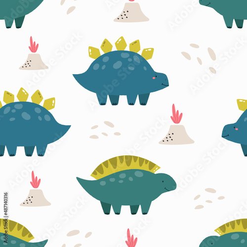 Vector seamless pattern with cute dinosaurs and volcanos.