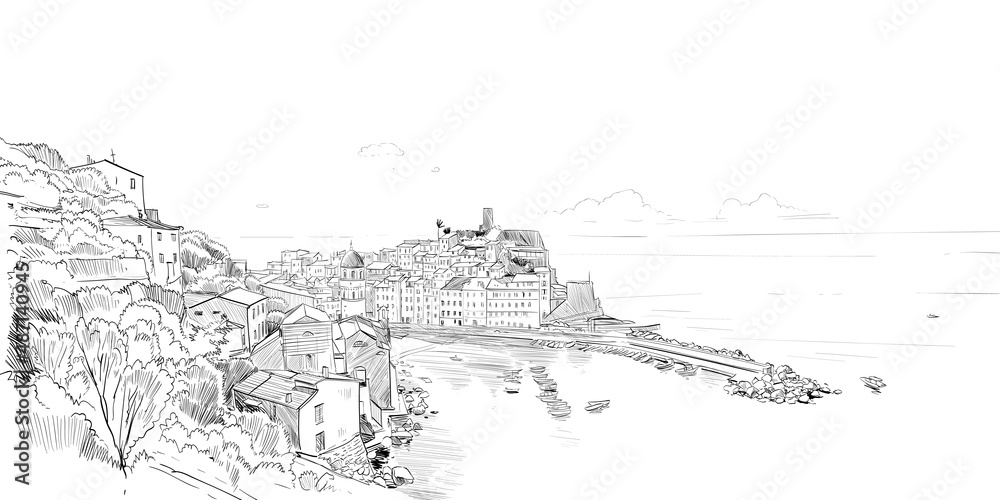 Vernazza. Italy. Urban sketch. Mediterranean city. Hand drawn vector illustration Vernazza. Italy. Urban sketch. Mediterranean city. Hand drawn vector illustration