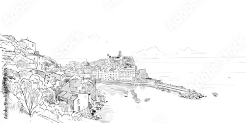 Vernazza. Italy. Urban sketch. Mediterranean city. Hand drawn vector illustration