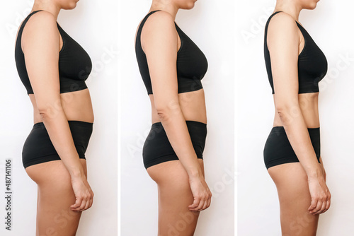 Three shots of a young woman with excess fat and toned slim body before, in the process and after losing weight isolated on a white background. Result of diet, liposuction, training. Profile