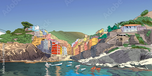 Riomaggiore. Italy. Urban sketch. Mediterranean city. Hand drawn vector illustration