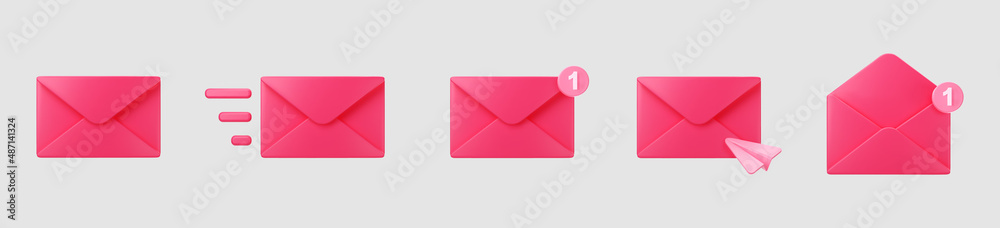 3d pink closed mail envelope icon set with marker new message isolated ...