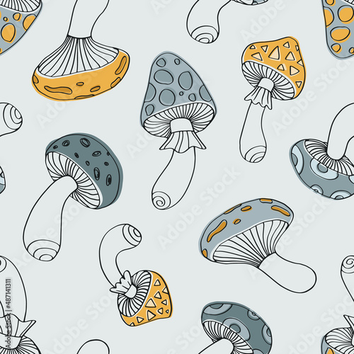 Outline fantasy mushroom pattern. Seamless vector print with toadstool for textile, fabric, paper.