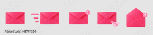 3d pink closed mail envelope icon set with marker new message isolated on grey background. Render pink email notification with letters, check mark, paper plane. 3d realistic vector.