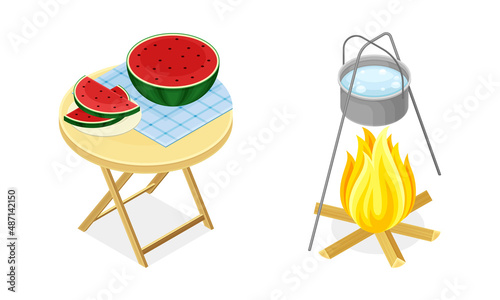Fresh Watermelon on Wooden Table and Boiling Water in Cauldron on Fire as Picnic Isometric Vector Illustration Set