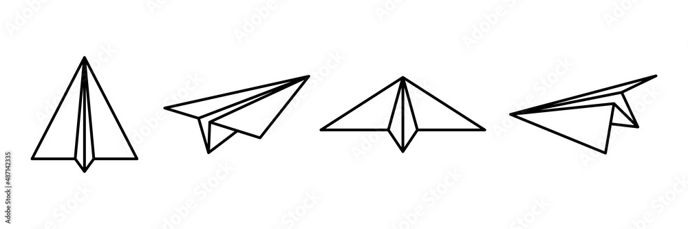 Paper line airplanes set. Sending message linear symbol collection. Vector isolated on white.
