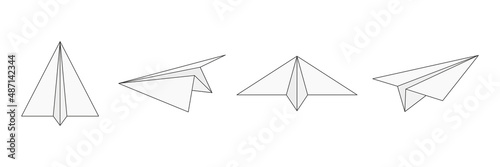 Paper line airplanes set. Sending message linear symbol collection. Vector isolated on white.