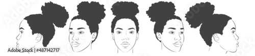 Vector African American woman face. Set of dark-skinned women portrait. Different view angles front, profile, three-quarter heads. Realistic sketch line illustration