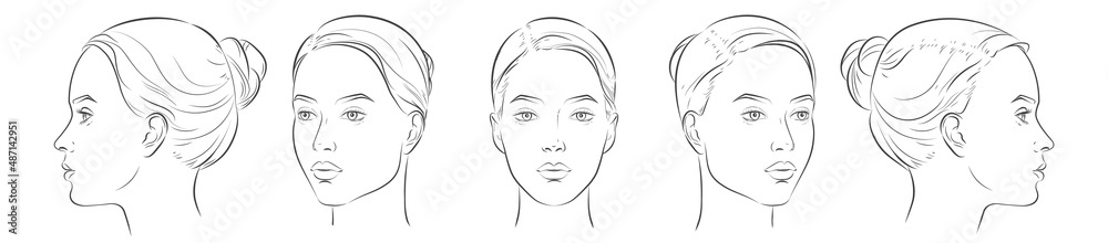 Vector woman face. Five different angle view. Set of head portraits young girl. Three dimension front, profile, three-quarter, turn of. Close-up realistic line sketch. Vector woman face. Five different angle view. Set of head portraits young girl. Three dimension front, profile, three-quarter, turn of. Close-up realistic line sketch.