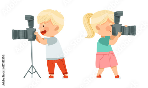 Pretty Boy and Girl Holding Digital Camera Taking Photograph Vector Illustration Set