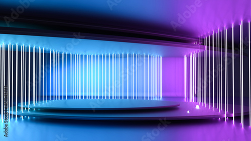 Podium show products, Empty stage. place for product. Colored neon lights. Place to present a product. Retro style. Sci Fi style. 3d Rendering image.