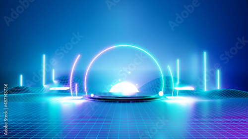 Podium show products, Empty stage. place for product. Colored neon lights. Place to present a product. Retro style. Sci Fi style. 3d Rendering image.