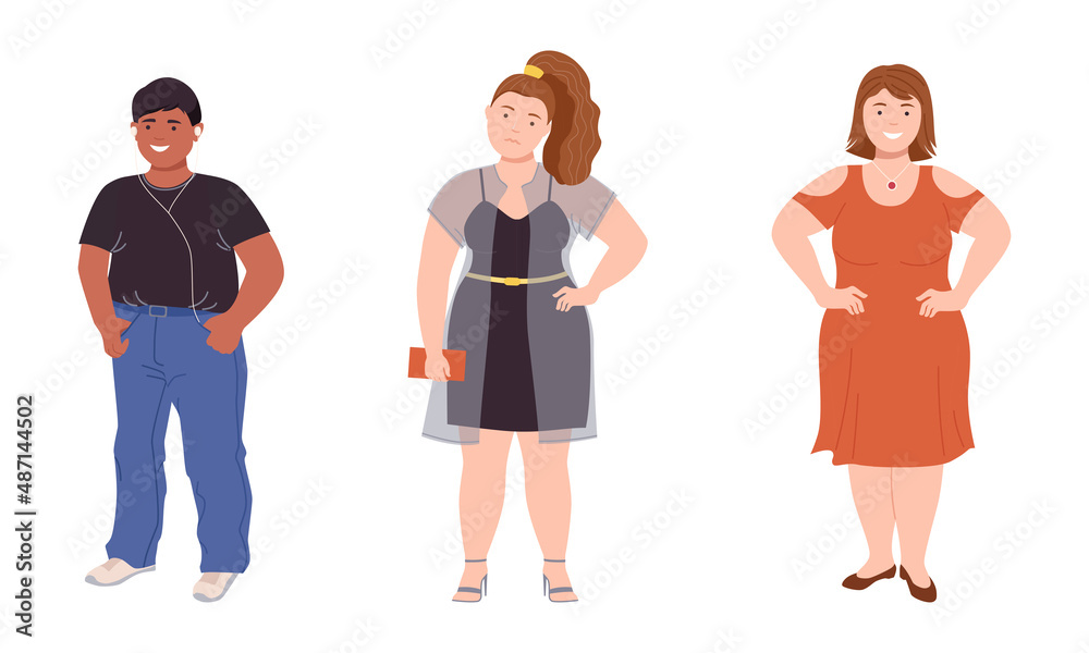 Obraz premium Man and Woman Character with Corpulent Body Standing Full Length Vector Illustration Set